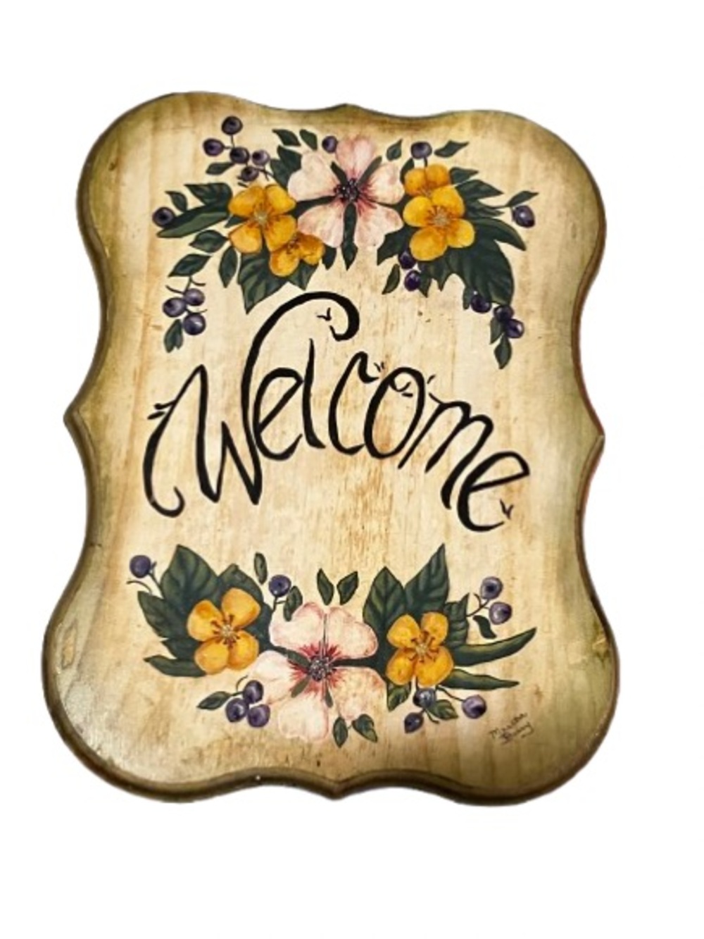 Hand-Painted Welcome Floral Wooden Wall Plaque - Signed by Artist